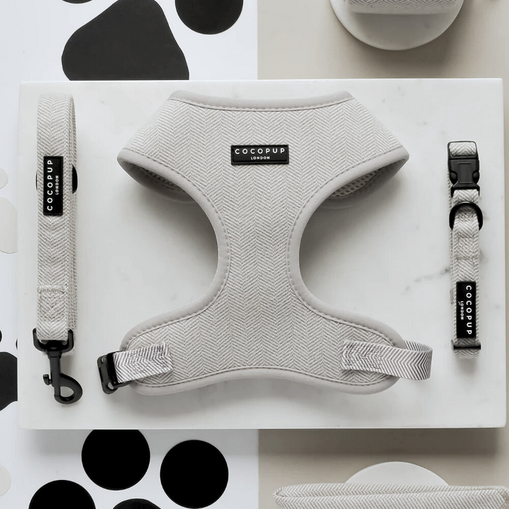 Grey Tweed Adjustable Neck Harness, Lead & Collar Bundle