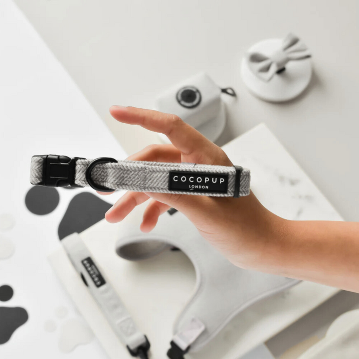 Grey Tweed Adjustable Neck Harness, Lead & Collar Bundle