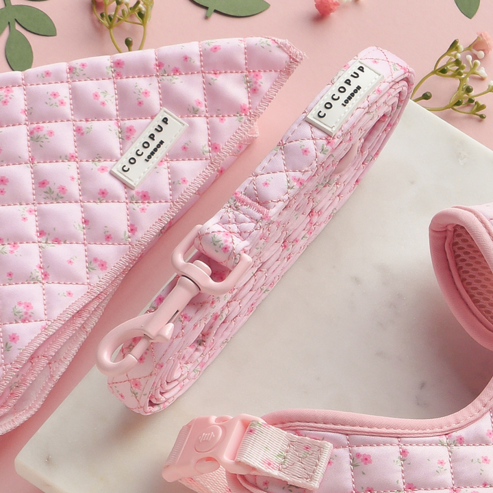 Quilted Ditsy Floral Pink Adjustable Neck Harness, Lead & Collar Bundle