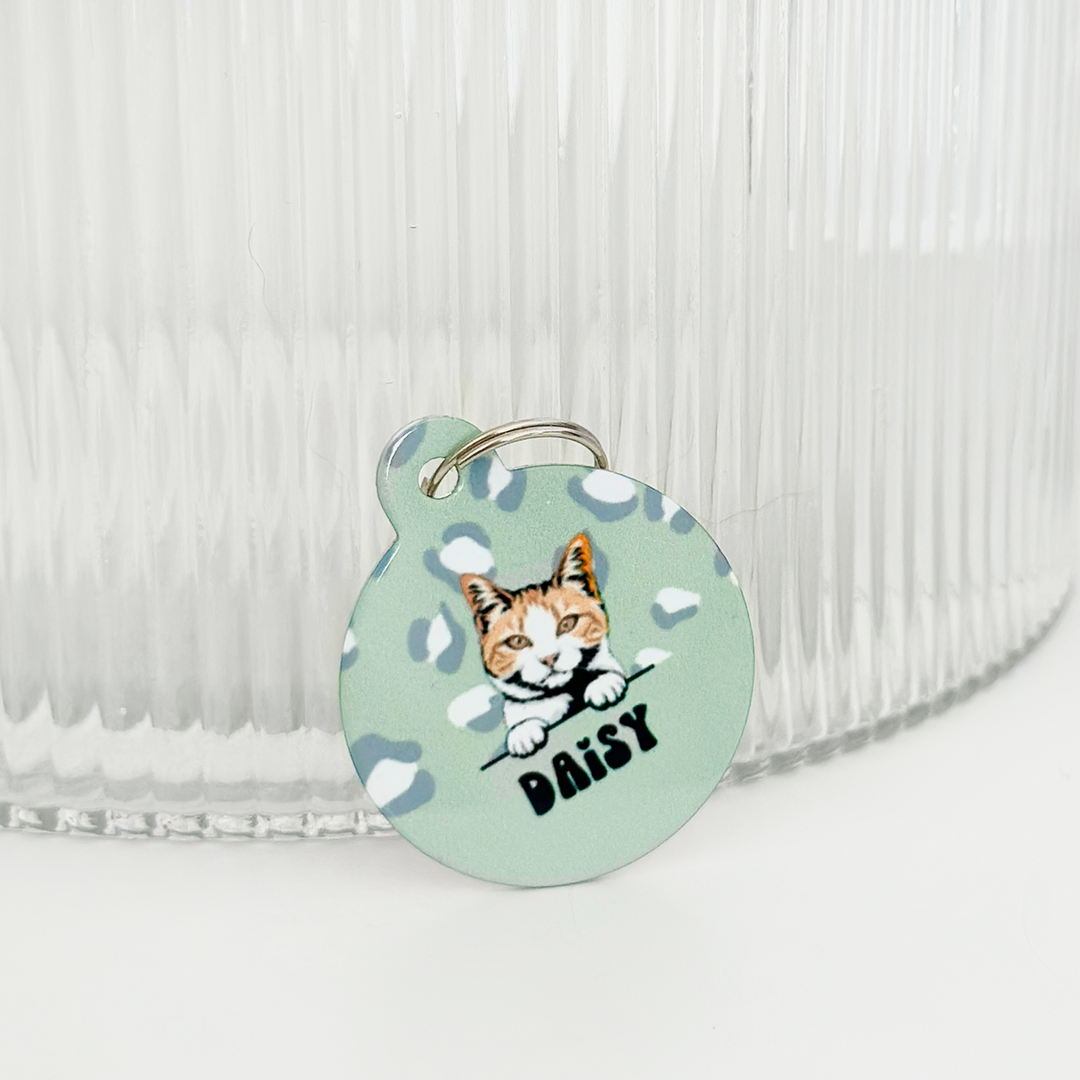 Personalised Cat Cartoon ID Tag - Sage Leopard