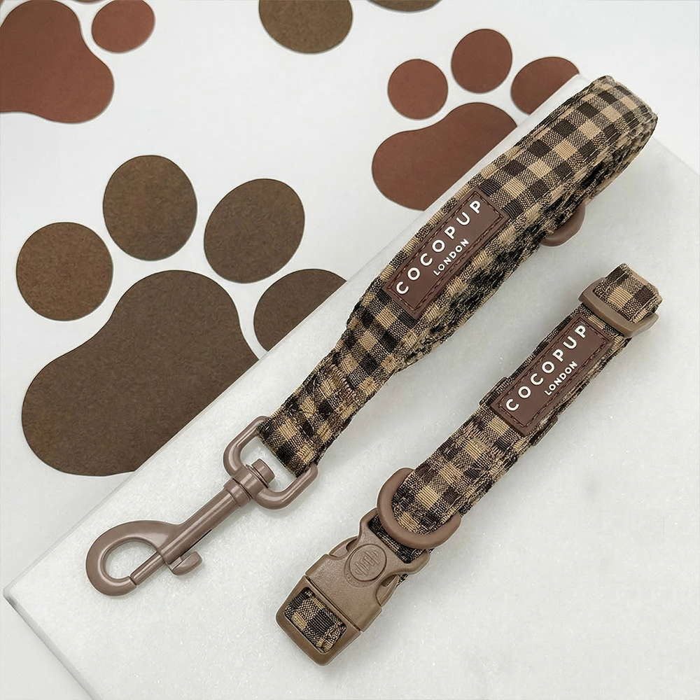 Check design dog Lead & Collar set in neutral brown shades, with Cocopup branding.