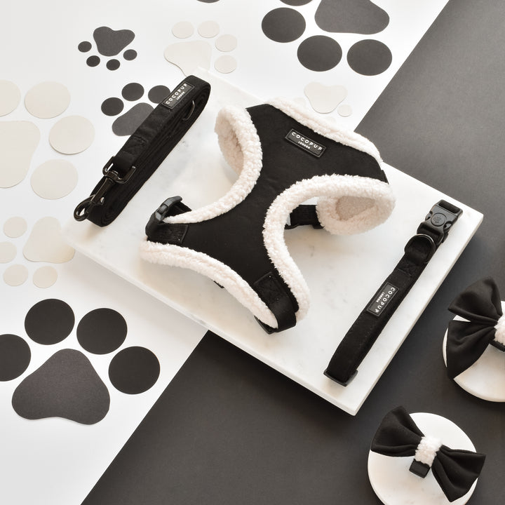 A black and white pet harness with soft padding, featured in the chic Black Aviator Adjustable Neck Harness, Lead & Collar Bundle by Cocopup London, is laid out on a marble slab. Surrounding it are a matching black leash, a black and white bowtie collar, and black-and-white paw print decorations on a divided background.