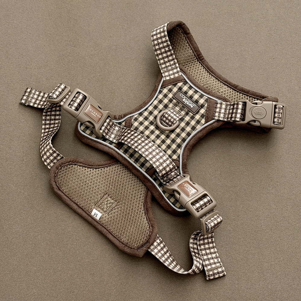 Check design dog Harness in neutral brown shades, with Cocopup branding.