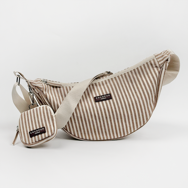 Brown and beige striped Dog Walking Bag with Cocopup logo.
