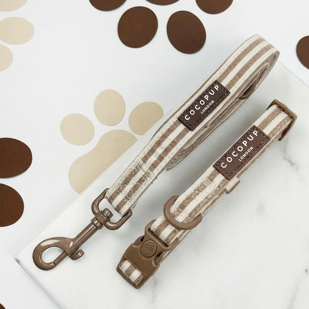 Brown and cream stripe design dog Lead & Collar set, with Cocopup branding.