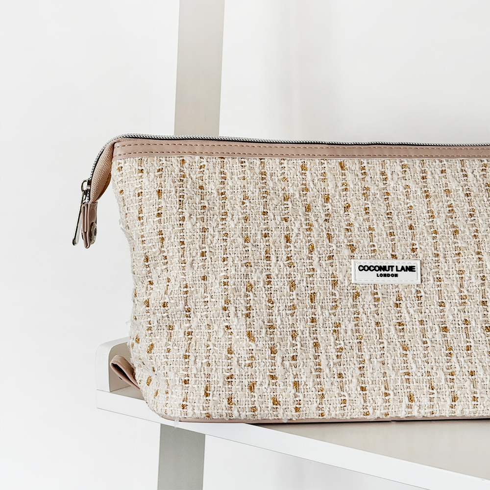 Vanilla Textured Tweed Expandable Makeup Bag - By Coconut Lane