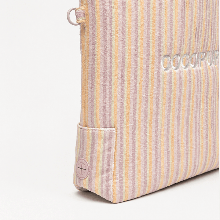 Pink, yellow and orange striped Tote Bag with poop bag dispenser and D-Ring on side.
