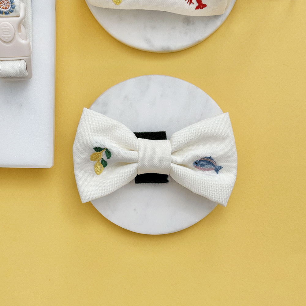 White linen fabric Dog Bow Tie with summer embroidered embellishments.