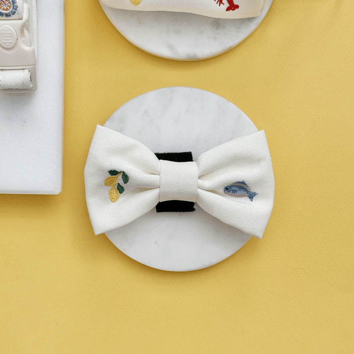 White linen fabric Dog Bow Tie with summer embroidered embellishments.