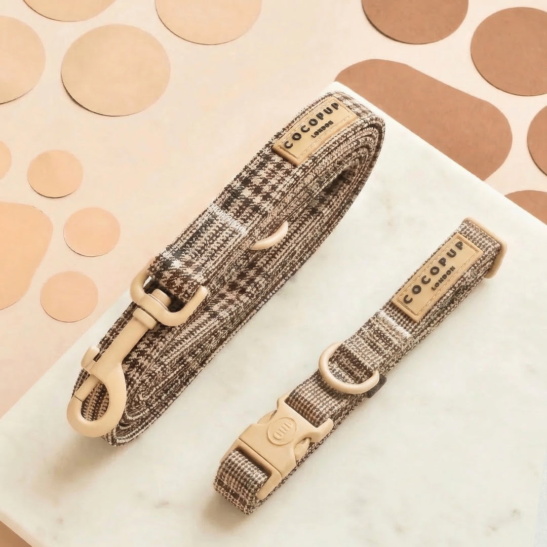 Plaid design dog Lead & Collar set in neutral brown shades, with Cocopup branding.