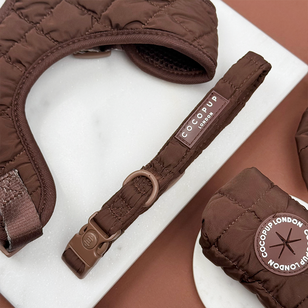 Espresso Quilted Adjustable Neck Harness, Lead & Collar Bundle