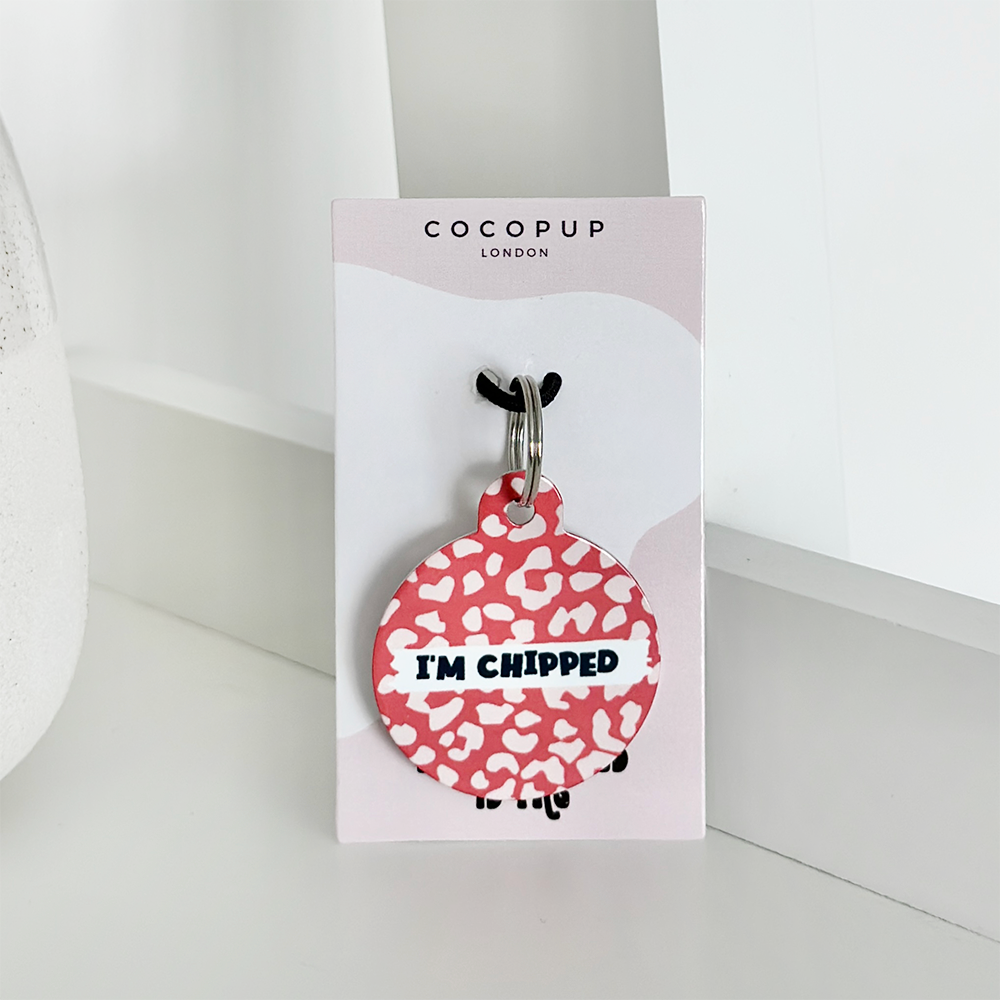 Personalised 'I'm Chipped' ID Tag - Red and Pink Leopard