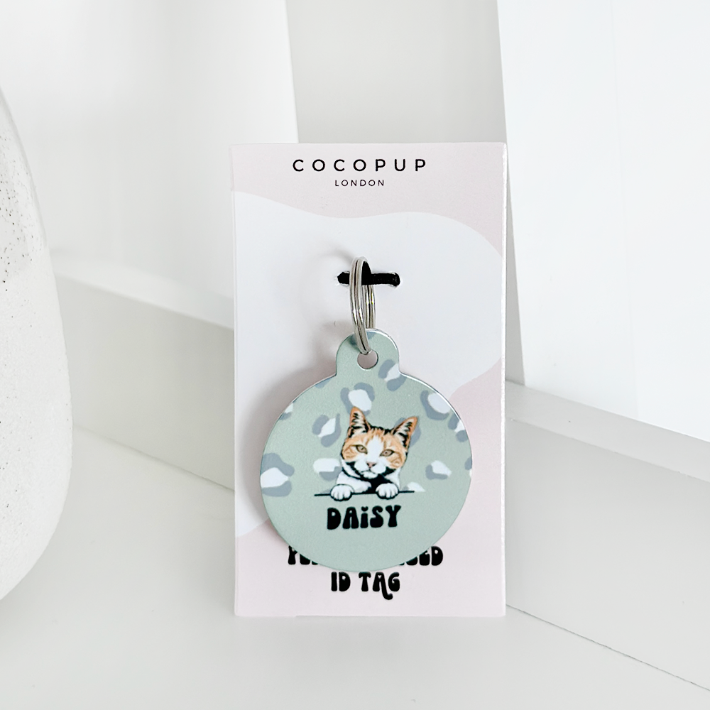 Personalised Cat Cartoon ID Tag - Sage Leopard