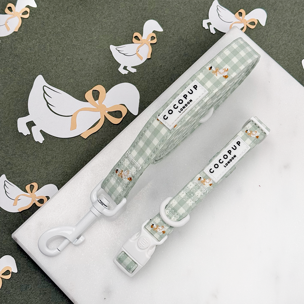 Green and white check print dog lead and collar with embroidered geese design.