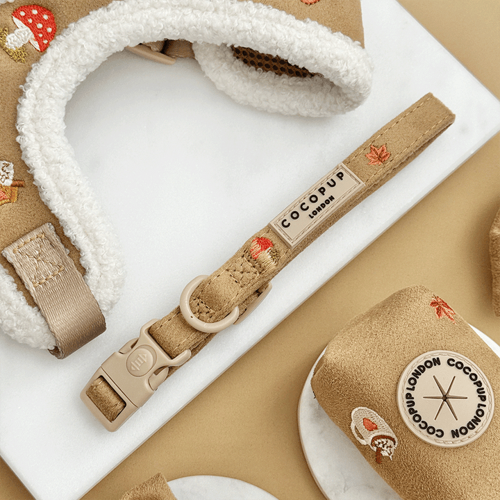 Brown dog collar with autumnal-themed embroidery of pumpkins, leaves, a coffee cup, and mushrooms.