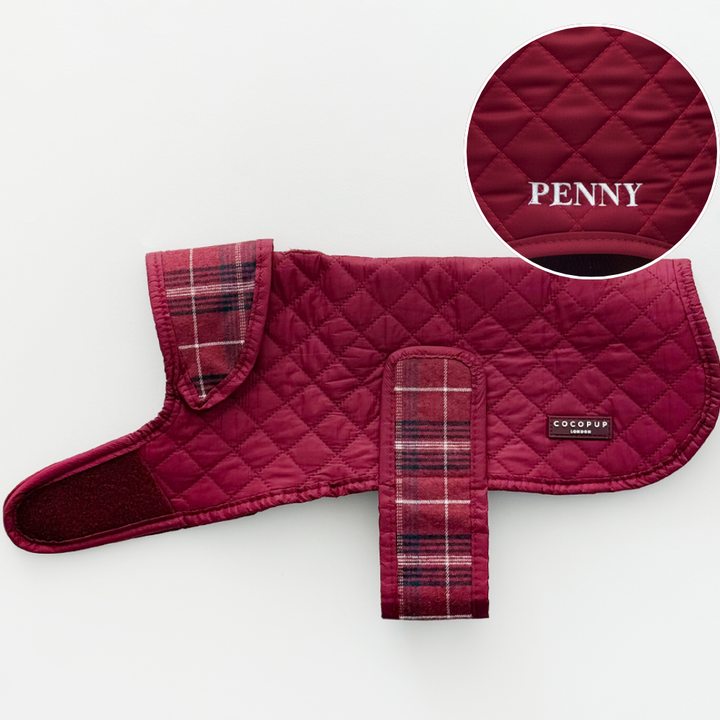 PERSONALISED Quilted Dog Coat - Mulberry Plaid