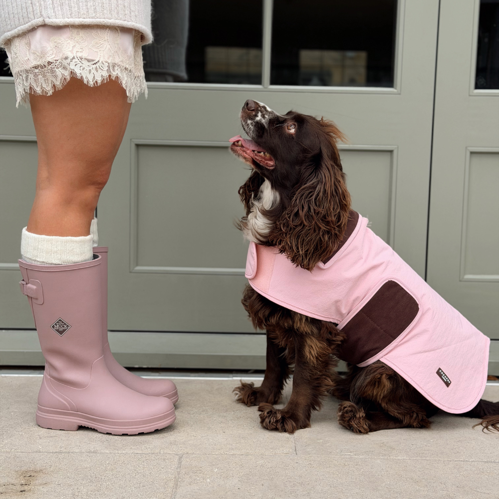 A brown dog wearing a pink dog coat sits next to a person wearing a pair of dusty pink rain boots in front of a gray paneled door.