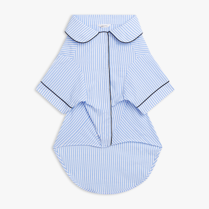 A light blue and white striped pet shirt with blue piping trim, featuring a Peter Pan collar and short sleeves, laid flat on a white background.