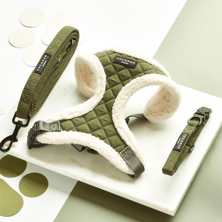 Khaki Quilted Adjustable Neck Harness, Lead & Collar Bundle