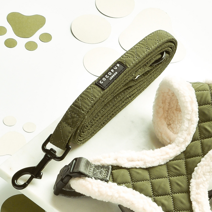 Khaki Quilted Adjustable Neck Harness, Lead & Collar Bundle