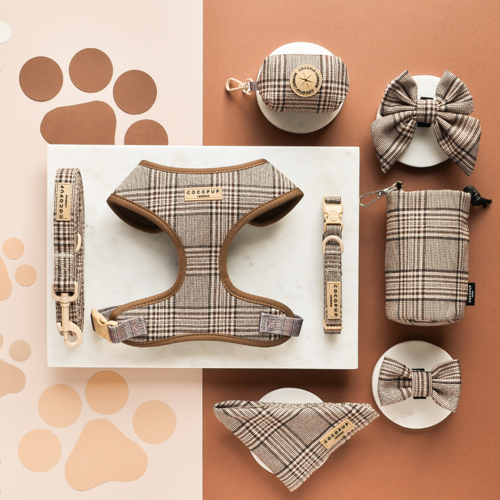 A flat lay of plaid-patterned dog accessories on a marble and brown surface. Includes a harness, leash, collar, waste bag holder, treat pouch, bow tie, and a stylish Pup Plaid Bandana from Cocopup London. There are matching paw prints on the background.